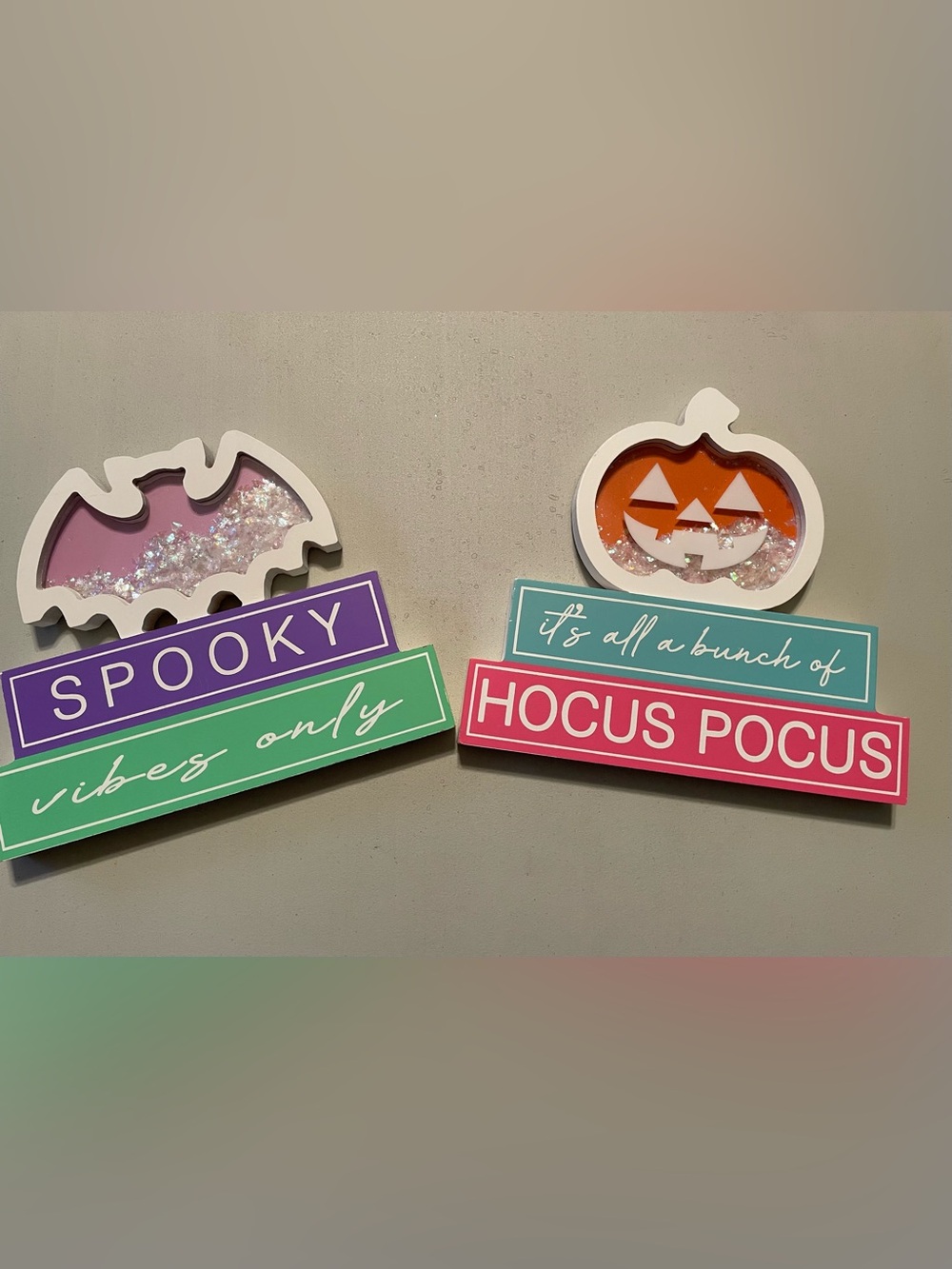 Halloween Hocus Pocus & Spooky Decorative Sign Set in Pink, Teal, Purple, Green